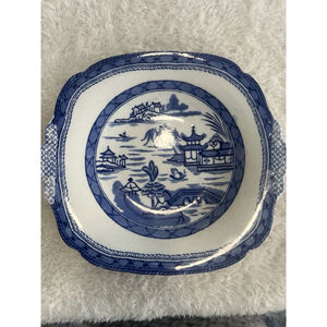 Antique Ashworth Canton Blue Transferware Handled Dish 10.5” x 9” c1820